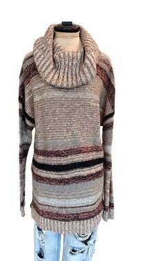 Sweater-Cozy Striped Cowl Neck Sweater - Taupe with Pink and Black Stripes